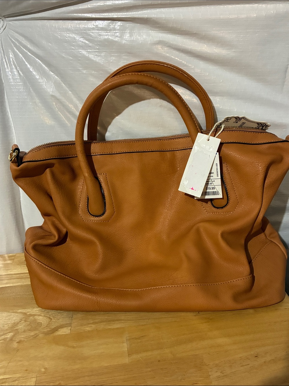 Women's Tan Leather Zip-Top Tote Bag with Dual Handles - Picture 8 of 8
